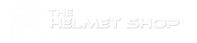 The Helmet Shop logo in white 3D text on clean background