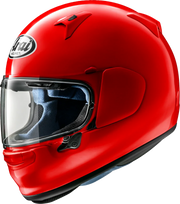 Red Arai motorcycle helmet with clear visor, premium full-face design for rider safety and protection
