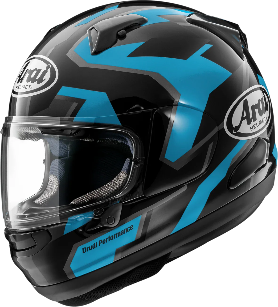 Arai Drudi Performance motorcycle helmet with black and blue graphics, clear visor, and ventilation