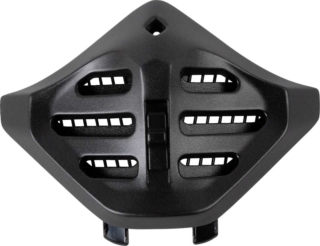 Black motorcycle helmet chin vent with airflow slots for ventilation and comfort