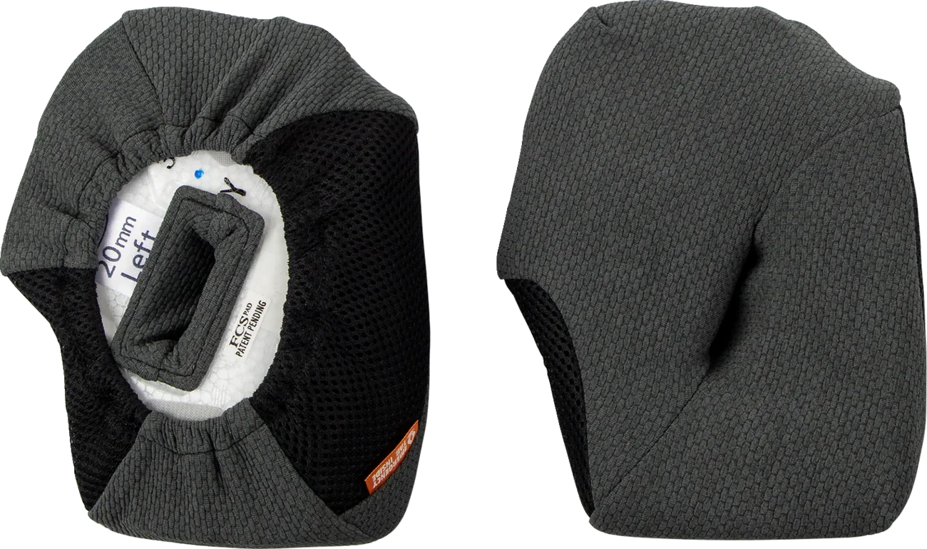 FCS Pad 20mm left motorcycle helmet cheek pad with breathable mesh and gray fabric lining