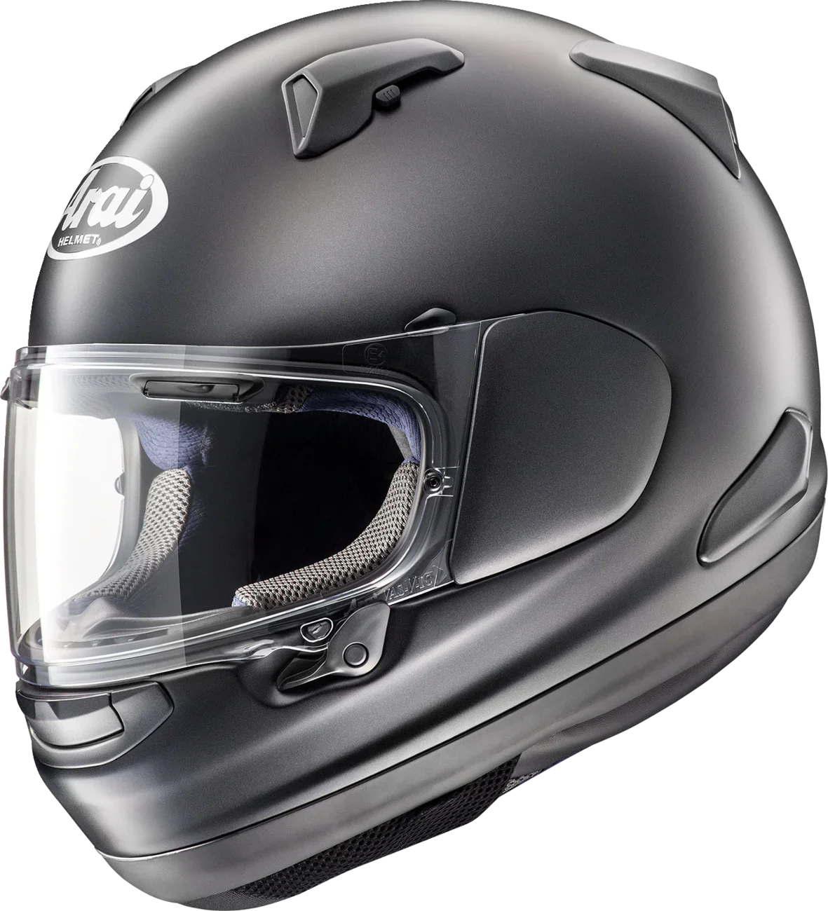 Matte black Arai full-face motorcycle helmet with clear visor and ventilation features