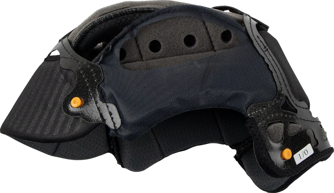 Black motorcycle helmet chin bar with ventilation holes and orange adjustment buttons