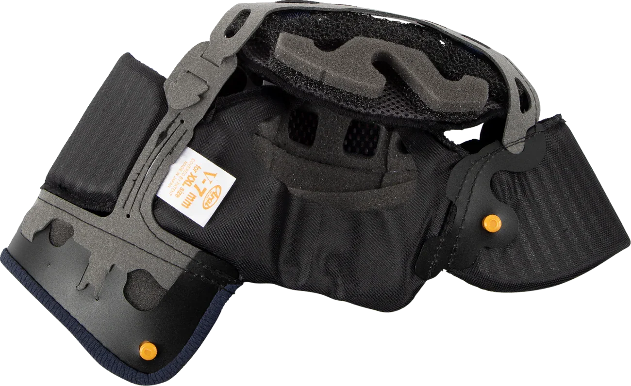 V-7 mm motorcycle helmet cheek pads for XXL size, black foam and fabric interior with orange snaps