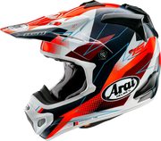 Arai motocross helmet with red, white, and black graphic design, featuring emergency tab and vented chin guard