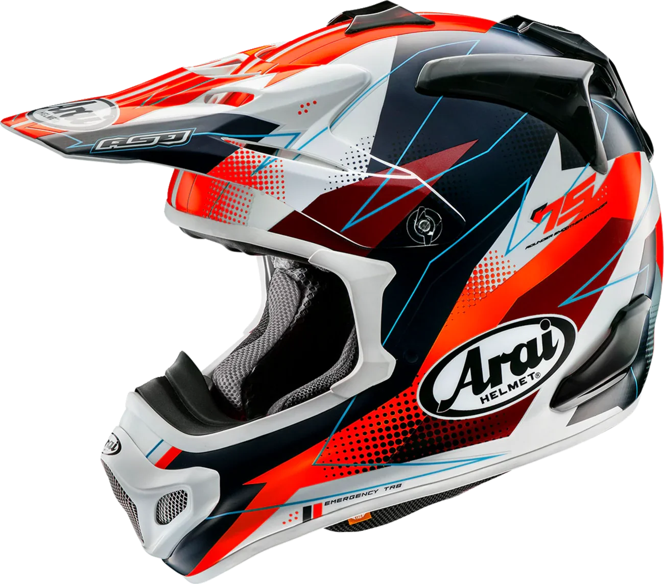 Arai motocross helmet with red, white, and black graphic design, featuring emergency tab and vented chin guard