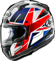 Arai full-face motorcycle helmet with Union Jack design, clear visor, and Drudi Performance branding