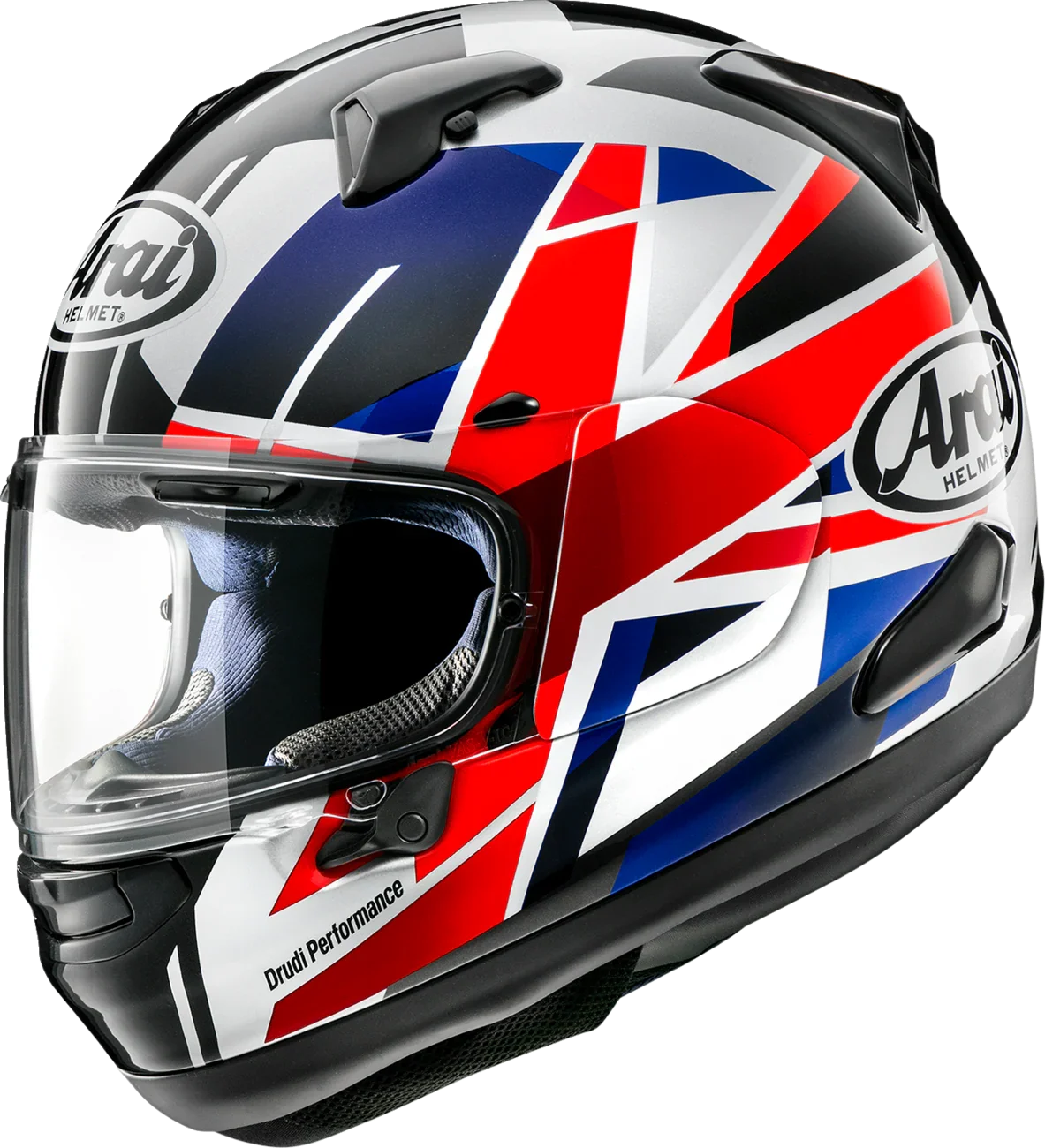 Arai full-face motorcycle helmet with Union Jack design, clear visor, and Drudi Performance branding
