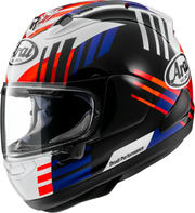 Arai Drudi Performance motorcycle helmet with bold red, blue, and black stripes, clear visor, and premium design
