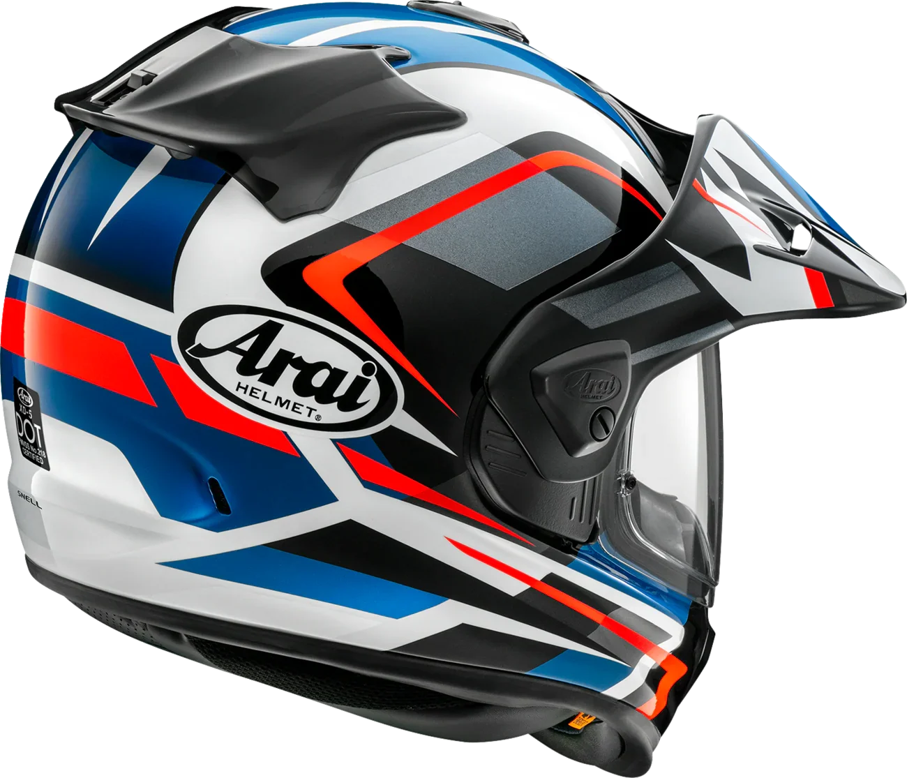 Arai motorcycle helmet with blue, red, and white graphics, featuring a clear visor and DOT certification.
