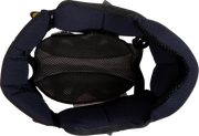 Interior view of motorcycle helmet with navy padding and black mesh lining for comfort and ventilation