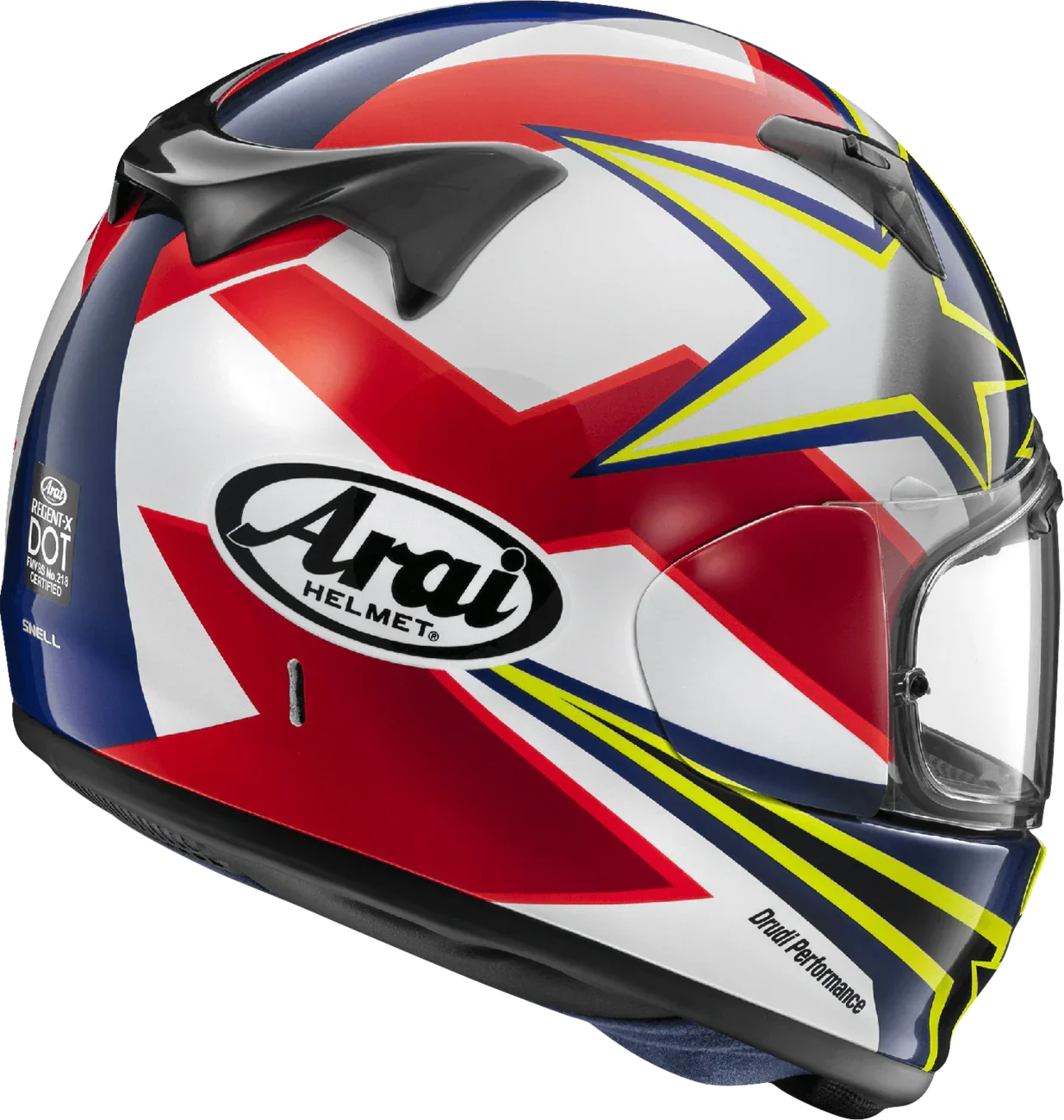 Arai full-face motorcycle helmet with red, white, blue, and yellow graphics, clear visor, and DOT certification.
