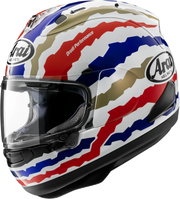 Arai Drudi Performance motorcycle helmet with red, blue, gold, and white graphic design and clear visor