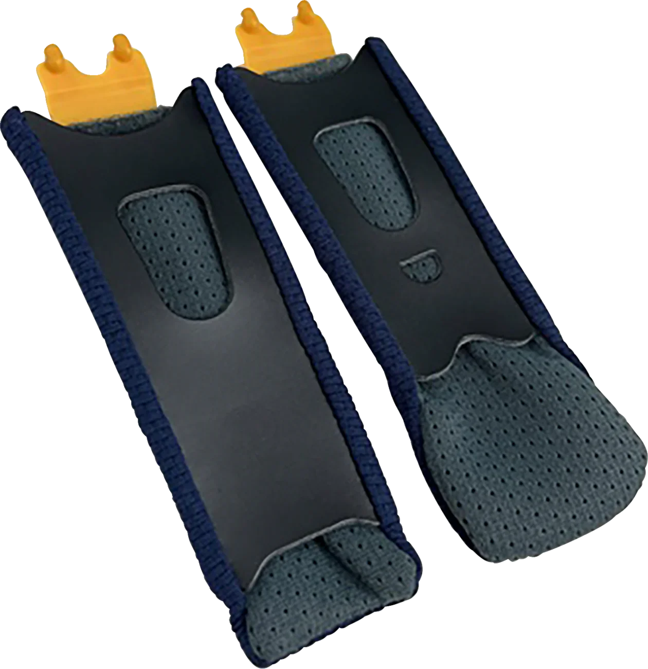 Motorcycle helmet cheek pads with breathable mesh and yellow clips for secure fit