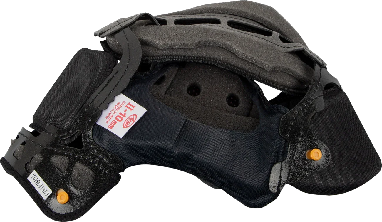 Arai VX-Pro3 VX-3 motorcycle helmet interior with 11-10mm padding and orange adjustment knobs
