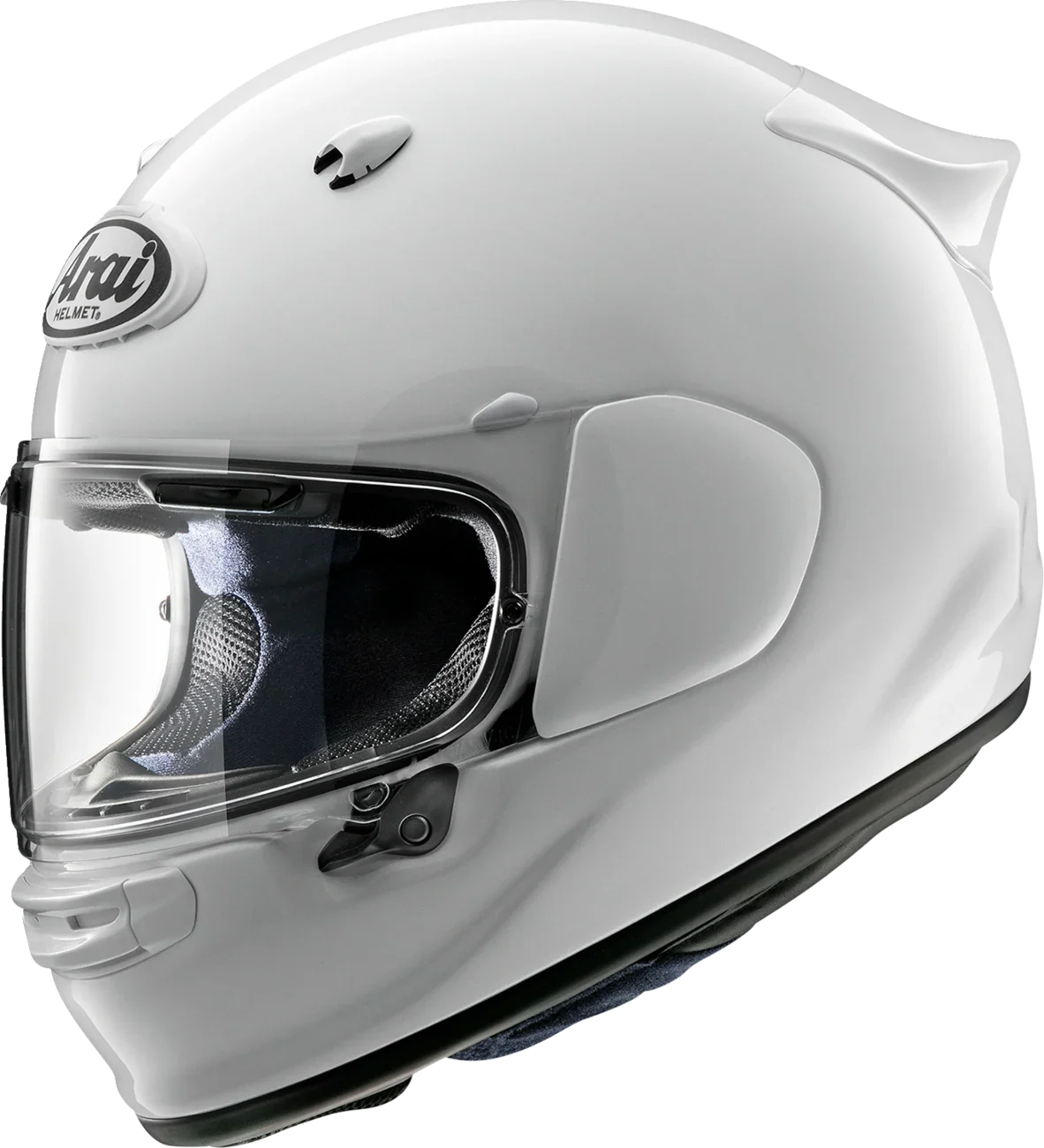 White Arai full-face motorcycle helmet with clear visor and aerodynamic design