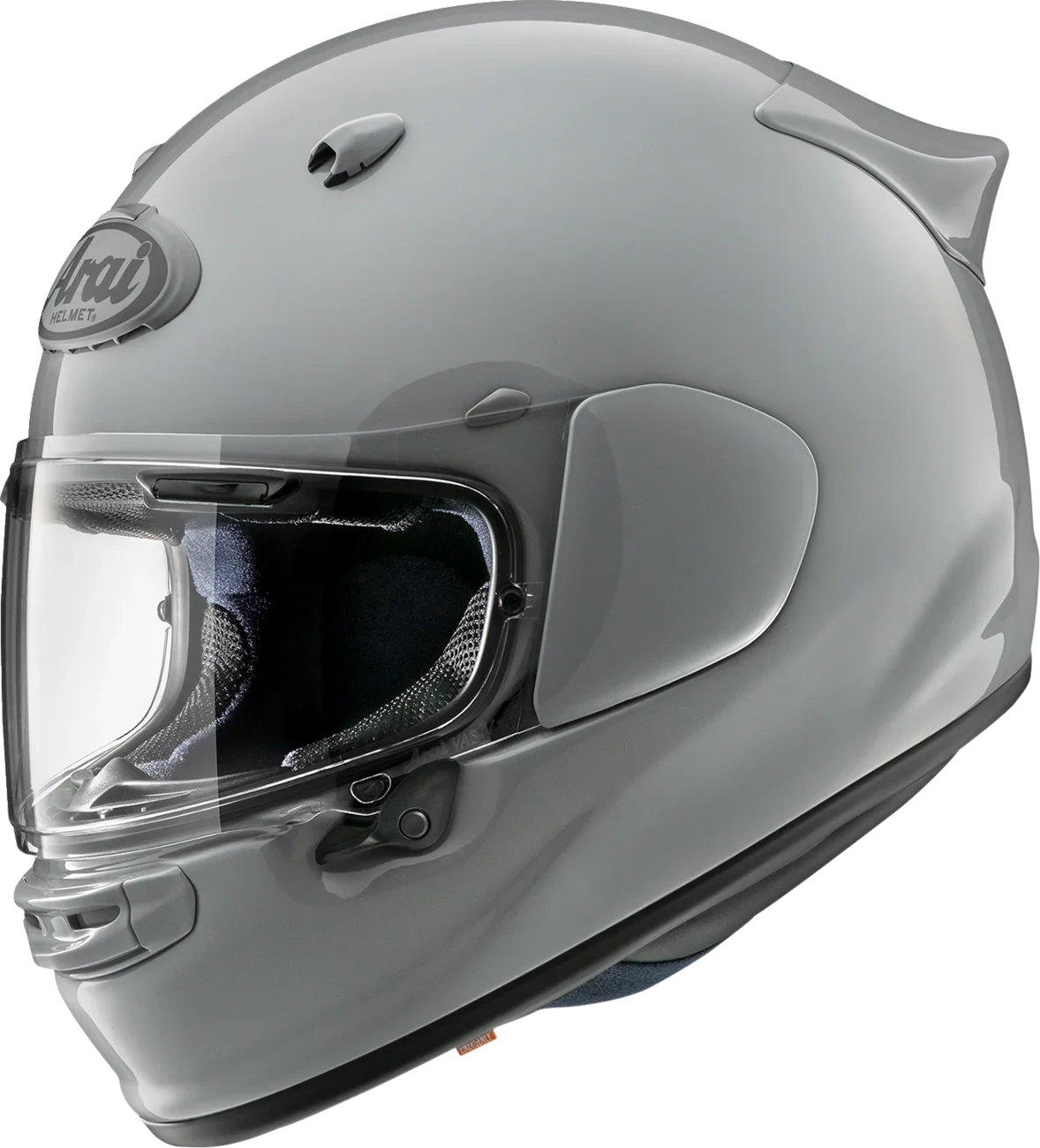 Arai full-face motorcycle helmet in matte gray with clear visor, premium protective gear for riders