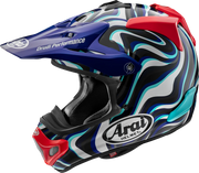Arai motocross helmet with Drudi Performance graphics, blue, red, and teal swirl design