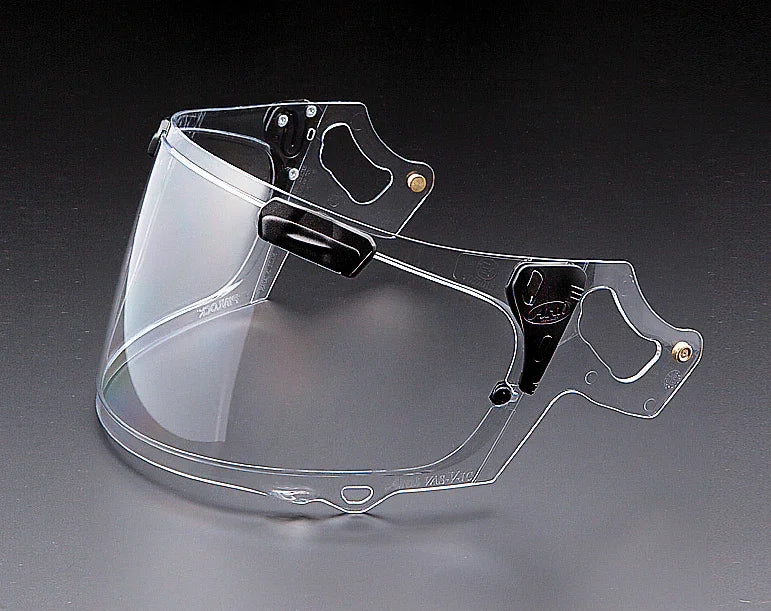 Clear motorcycle helmet visor with anti-fog shield and quick-release mechanism for easy replacement