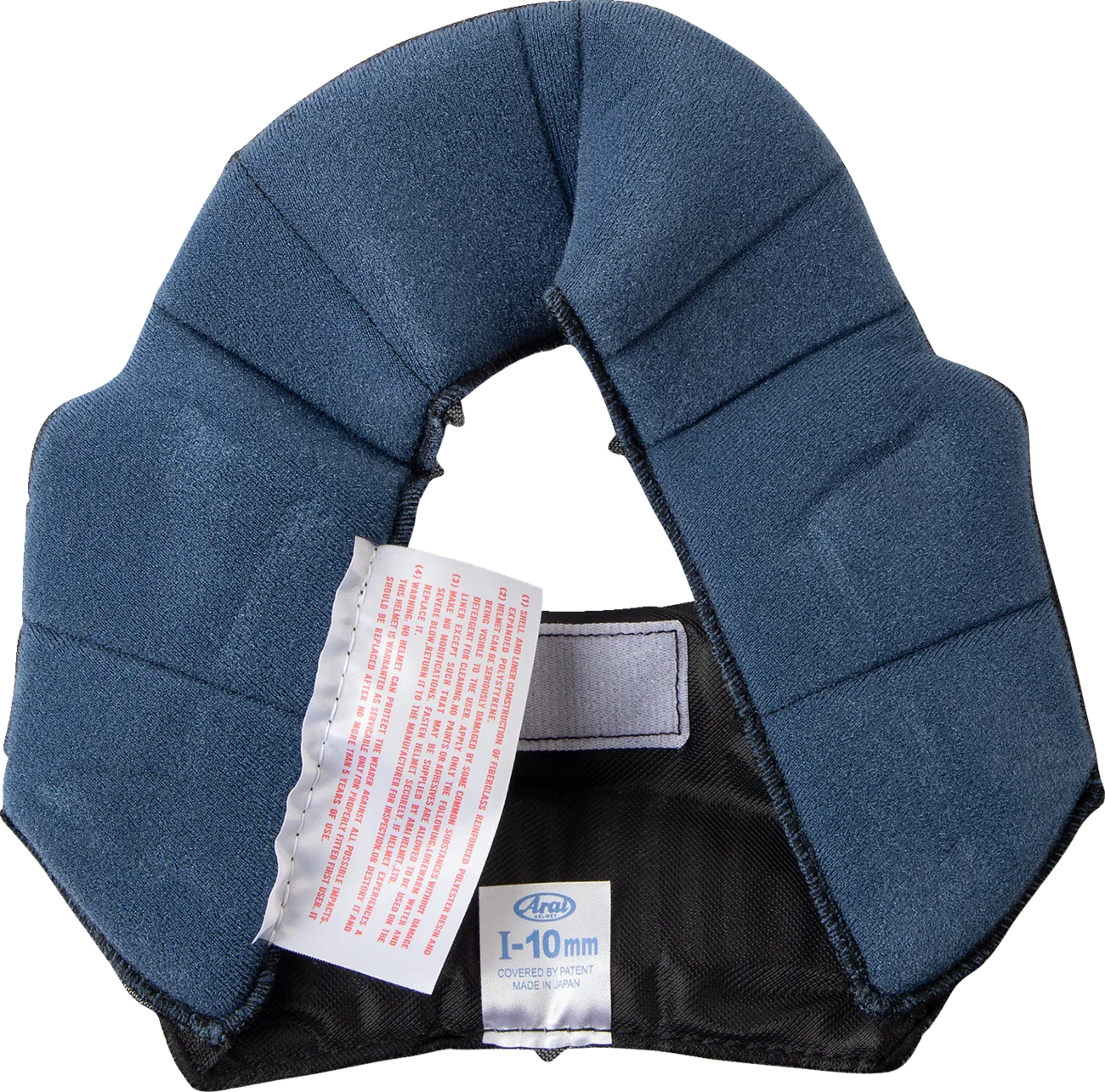 Arai I-10mm motorcycle helmet liner, blue padded interior with care label, made in Japan