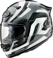 Arai Drudi Performance full-face motorcycle helmet with black, white, and gray graphics and clear visor