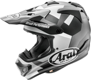 Arai Drudi Performance off-road motorcycle helmet with black and white graphics, featuring ventilation and chin guard