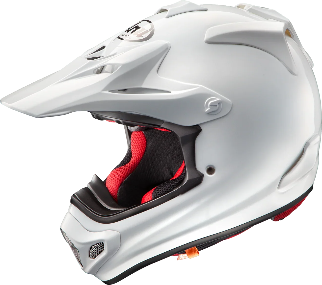 White off-road motorcycle helmet with red interior, vented design, and protective chin guard
