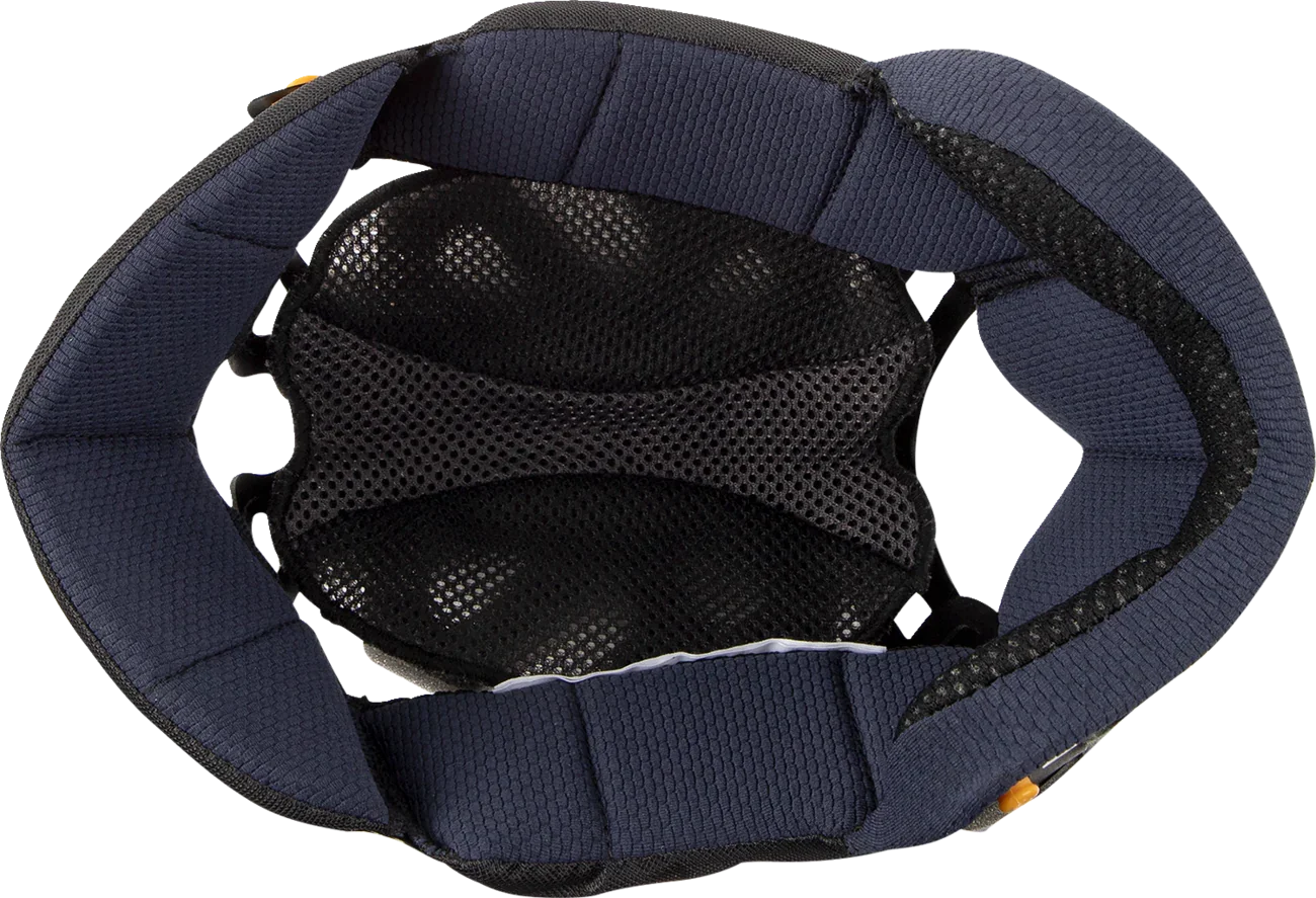 Interior view of motorcycle helmet with navy padding and black mesh lining for comfort and ventilation
