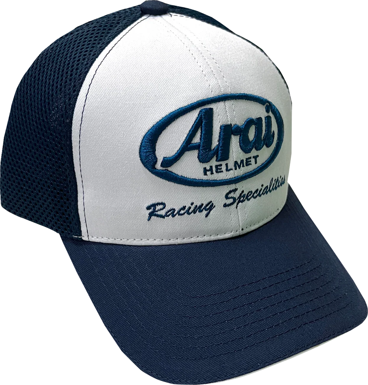 Arai Helmet Racing Specialties trucker hat with navy mesh back and white front panel