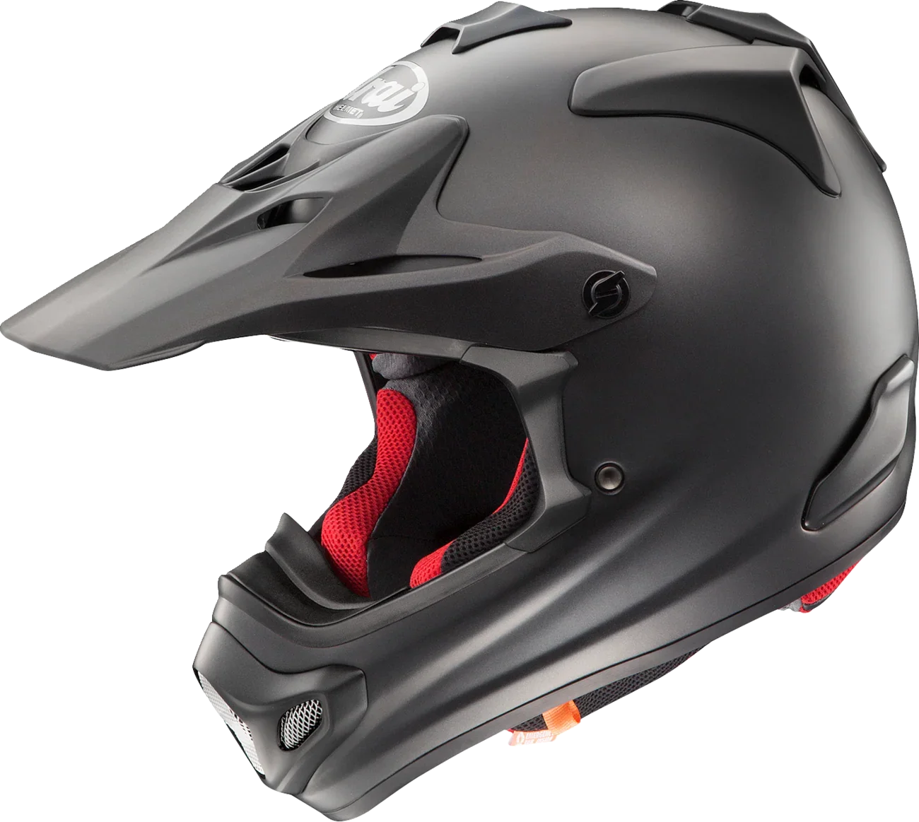 Matte black off-road motorcycle helmet with red interior lining and vented design