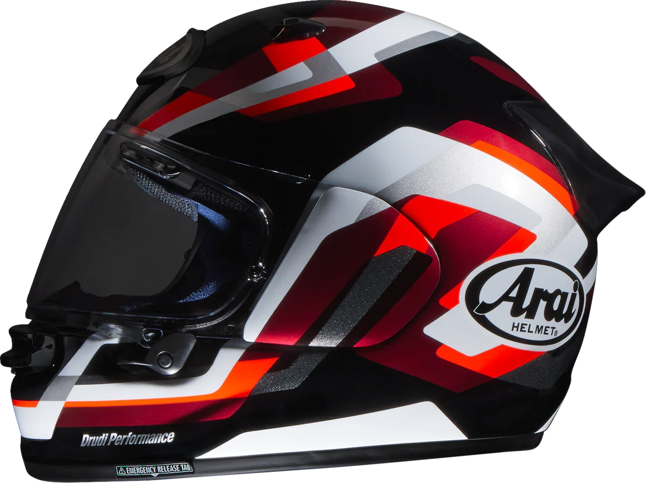 Arai full-face motorcycle helmet with red, white, and black graphics, featuring Drudi Performance design and emergency release tab