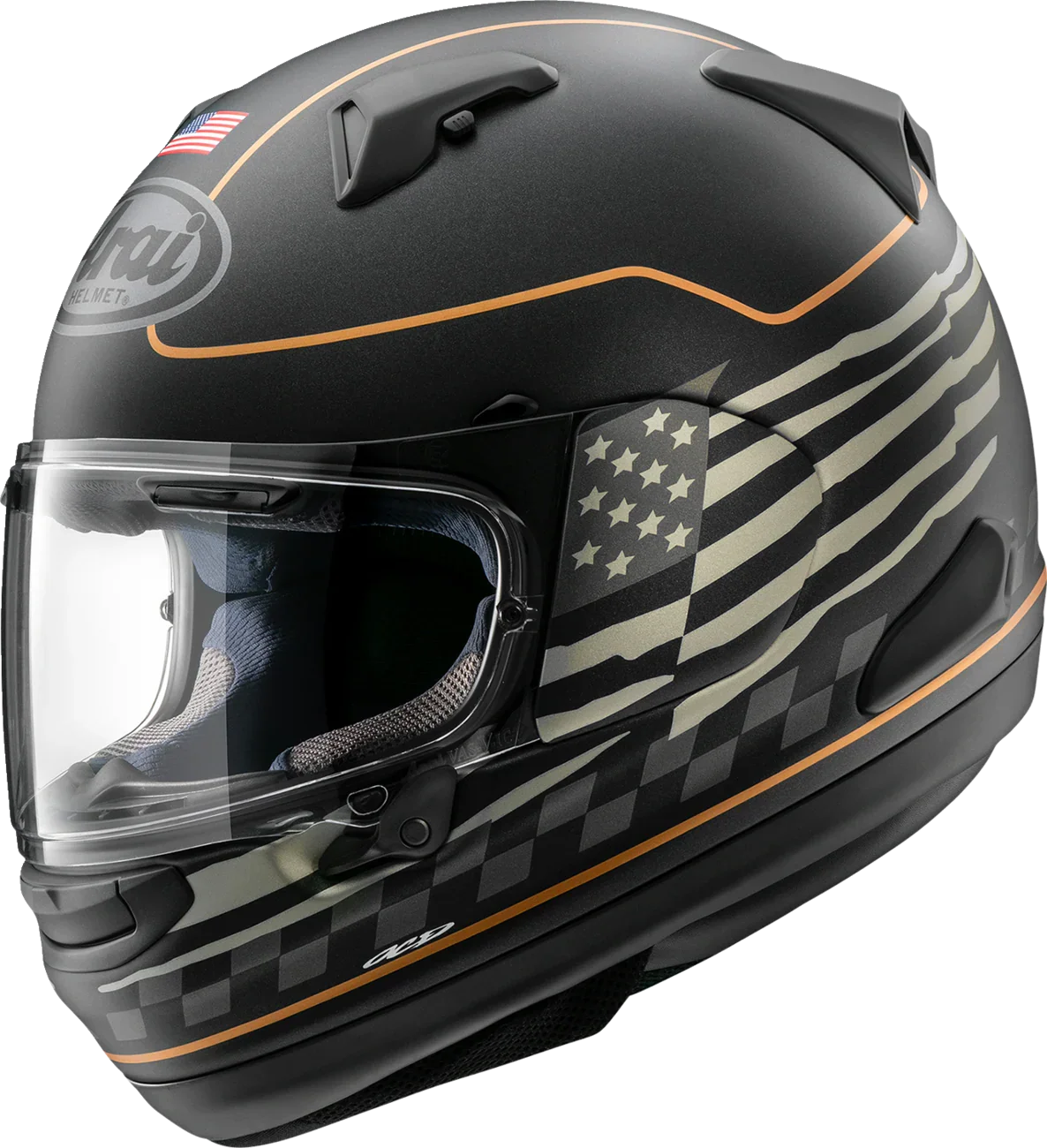 Arai motorcycle helmet with USA flag design, matte black finish, and clear visor for rider protection.