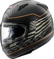 Arai motorcycle helmet with USA flag design, matte black finish, and clear visor for rider protection.