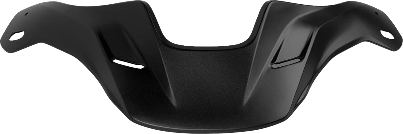 Black motorcycle helmet chin bar with ventilation slots and mounting holes