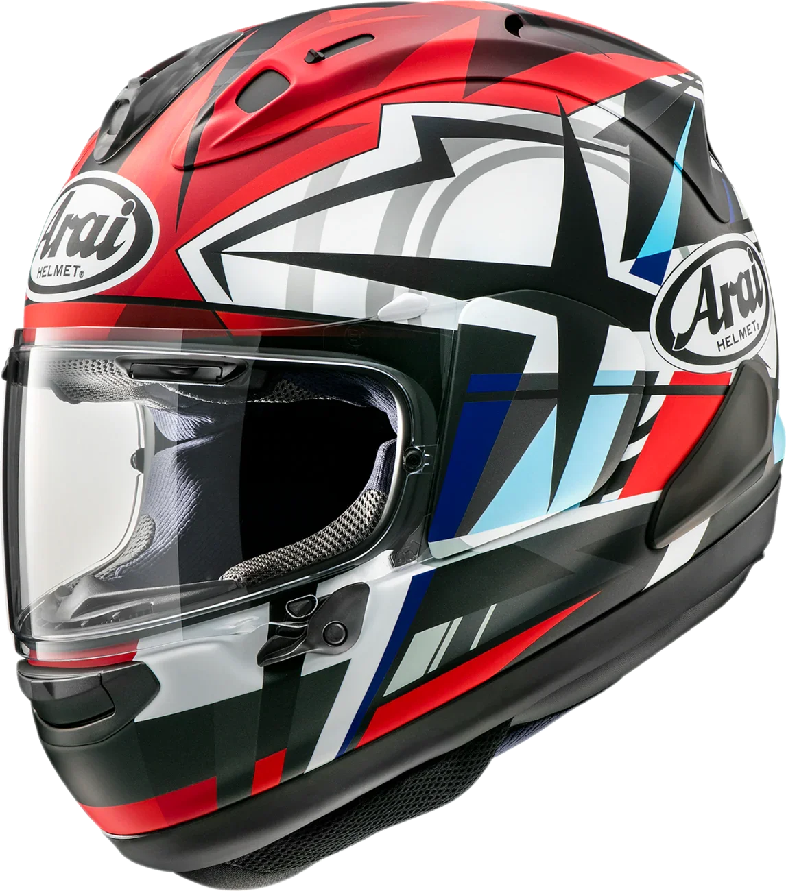 Arai motorcycle helmet with red, white, and blue geometric graphics and clear visor