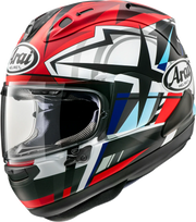 Arai motorcycle helmet with red, white, and blue geometric graphics and clear visor