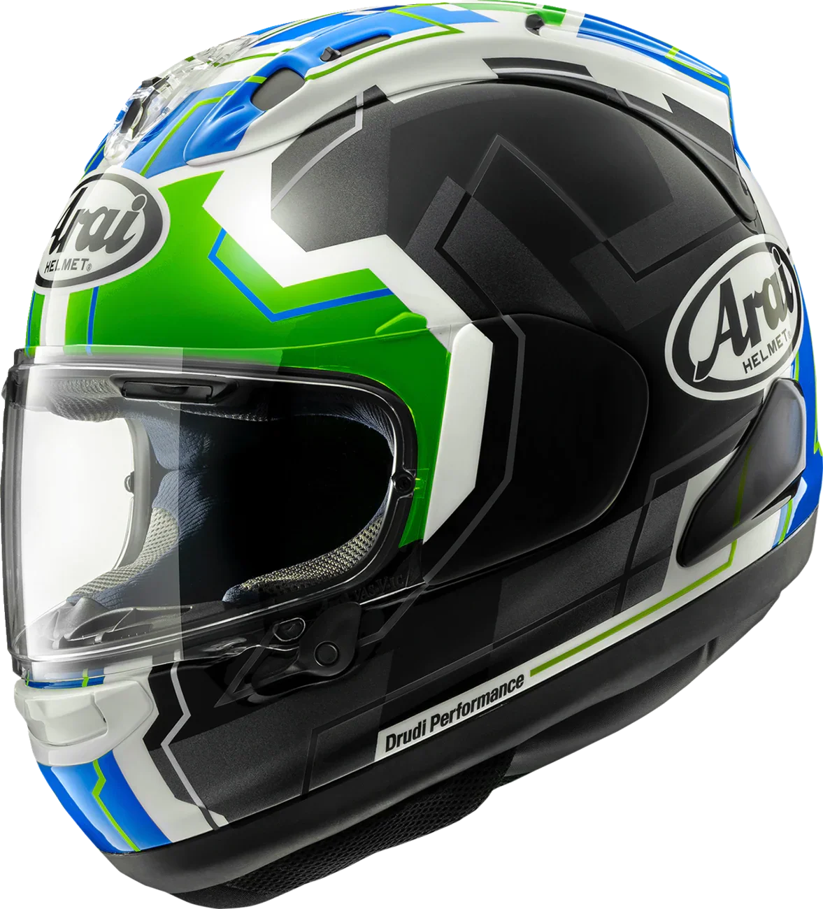 Arai full-face motorcycle helmet with green, blue, and black graphics, clear visor, and Drudi Performance branding.