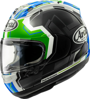 Arai full-face motorcycle helmet with green, blue, and black graphics, clear visor, and Drudi Performance branding.