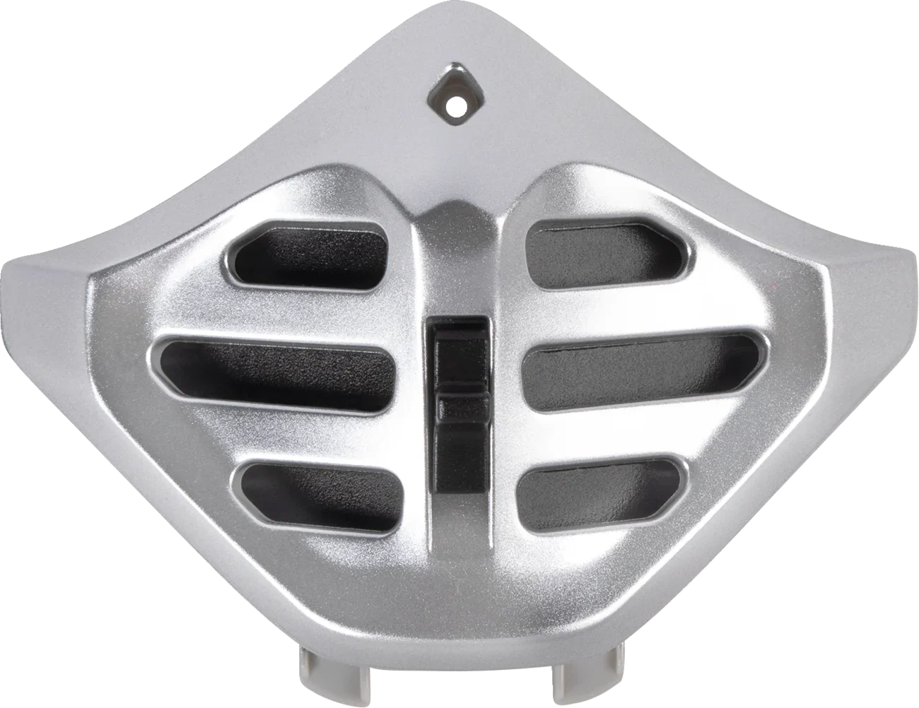 Silver motorcycle helmet chin vent with airflow slots for ventilation and comfort