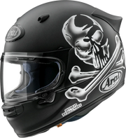 Matte black Arai motorcycle helmet with skull and crossbones graphic, clear visor, and Offbeat Productions design