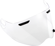 Clear motorcycle helmet visor with black attachment clips for secure fit and protection