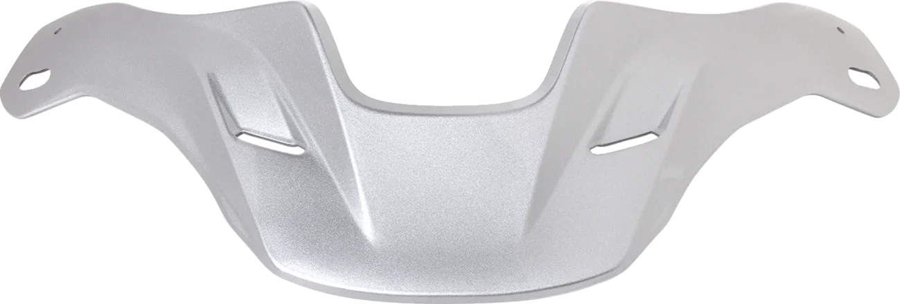 Silver motorcycle helmet visor shield with aerodynamic design and mounting slots