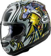 Arai full-face motorcycle helmet with vibrant graphic design, clear visor, and bold colors for riders