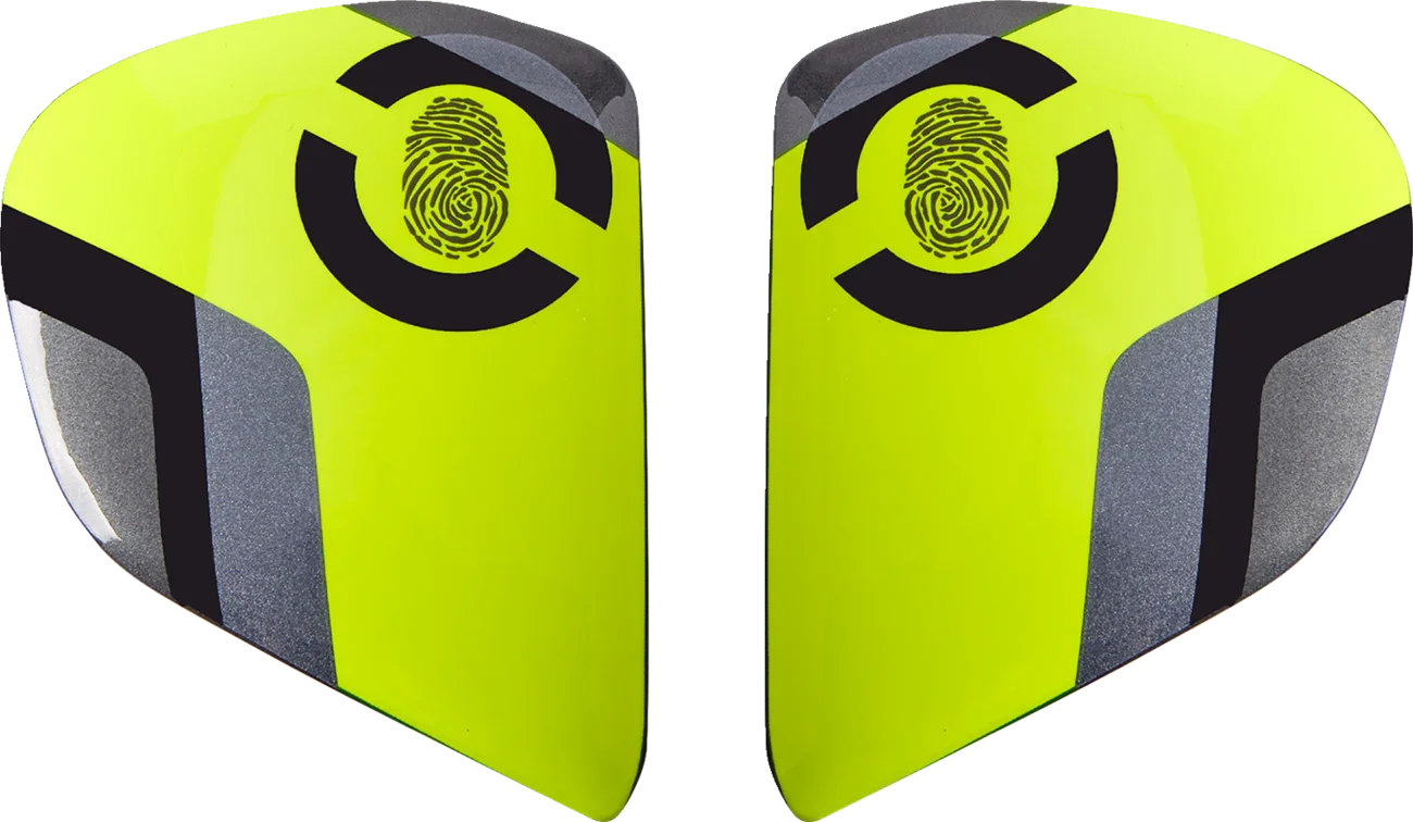 Neon yellow motorcycle helmet visor shields with black fingerprint logo and gray accents