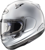 Silver Arai motorcycle helmet with clear visor, premium protective gear for riders