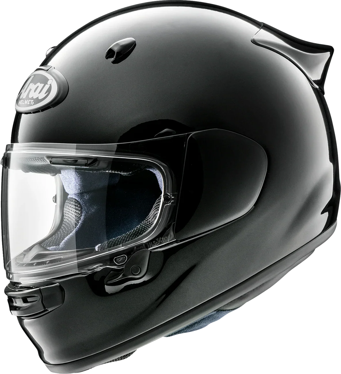 Arai full-face motorcycle helmet with clear visor, glossy black finish, and aerodynamic design