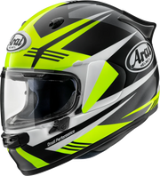 Arai full-face motorcycle helmet with neon green, black, and white graphics, clear visor, and Drudi Performance branding