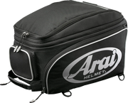 Black Arai helmet bag with silver logo, multiple zippers, and carry handles for motorcycle gear storage
