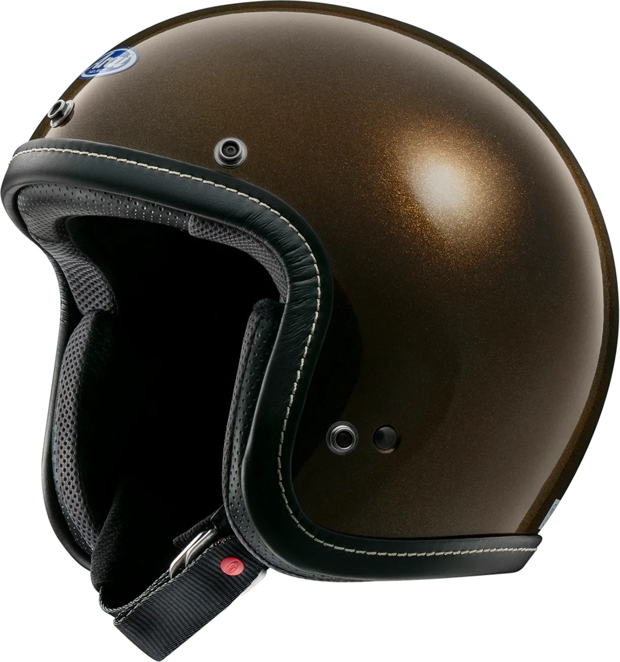 Brown open-face motorcycle helmet with black trim and white stitching, featuring ventilation ports and a chin strap.