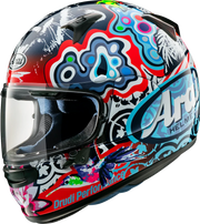 Arai full-face motorcycle helmet with vibrant Drudi Performance graphic design and clear visor